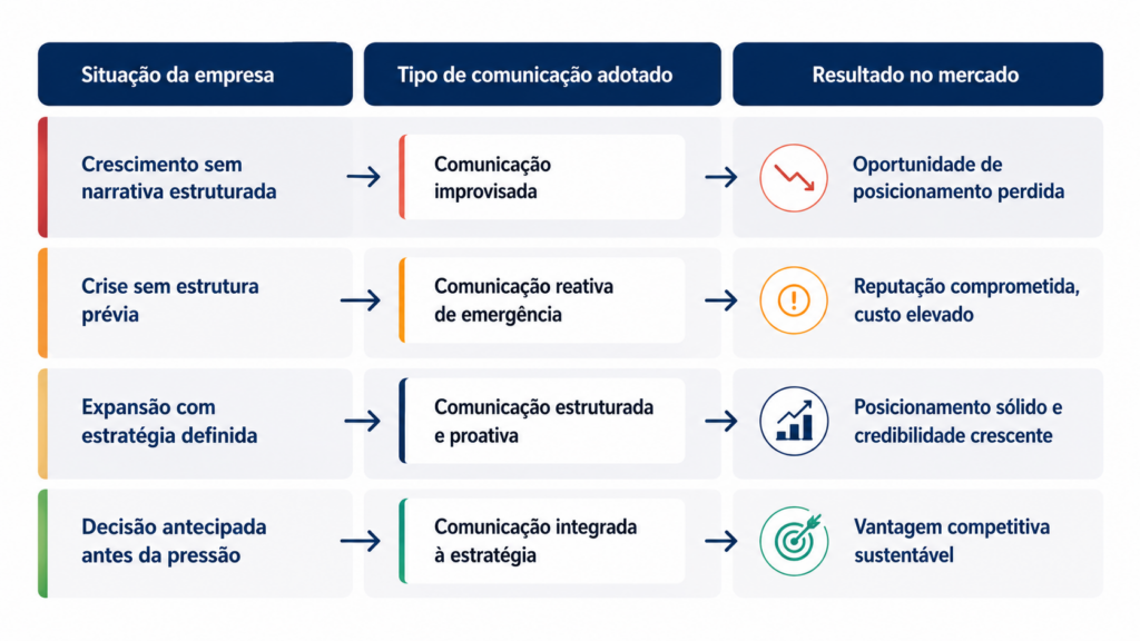 Quatro cenários, quatro posições diferentes no mercado. O que diferencia cada um não é o tamanho da empresa, é o momento da decisão.
